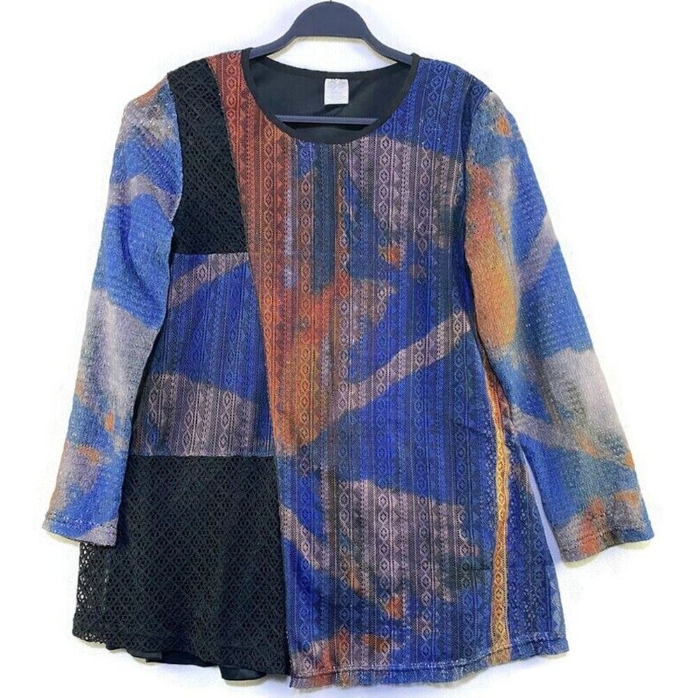 Tunic Top Women's Large Long Sleeve Black With Blue Sheer Layers